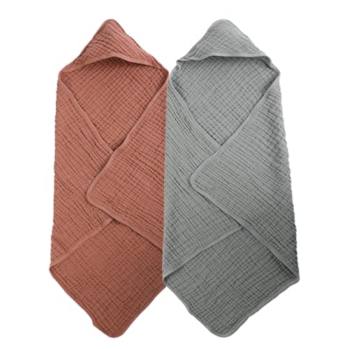 Cottonsong Newborn Hooded Towels 2-Pack, 100% Cotton Plain Weave Muslin Baby Bath Towels, Soft & Absorbent, 32x32 Inches (Sand Red + Emerald Green)