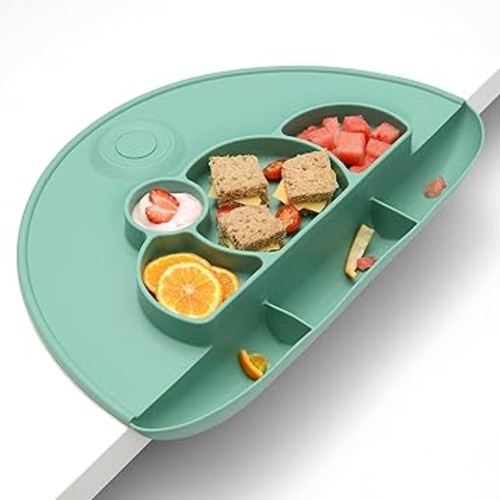 PrimaStella Unbreakable Silicone Platemat - Divided Toddler Plate, Placemat and Food Catcher All-in-one (Green)
