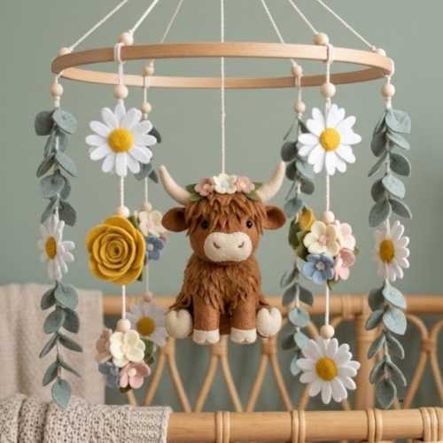 Highland Cow Baby Mobile, Neutral Felt Animals, Felt Farm Animal Mobile with Flower, Boho Nursery Decor, Nursery Mobile, Newborn Gift Idea