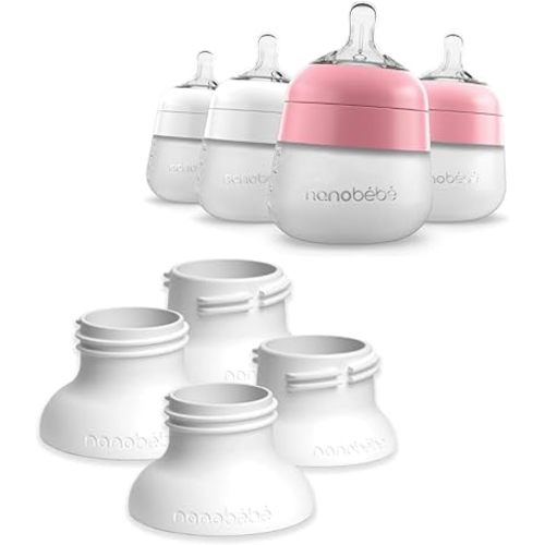 Nanobebe Flexy Silicone Baby Bottle 4-Pack Pink/White 5oz Bundled with 4 Pack Breast Pump Adapters
