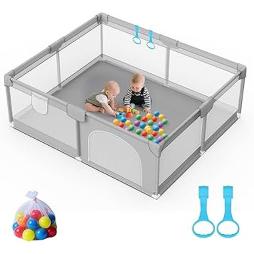79” x 71” Playpen for Babies and Toddlers - Safe Baby Fence with 50 PCS Ocean Balls and 2 Pull Handles for Indoor - Large Baby Playpen for Activity Center - Play Yard with Non-Slip Suction Cups