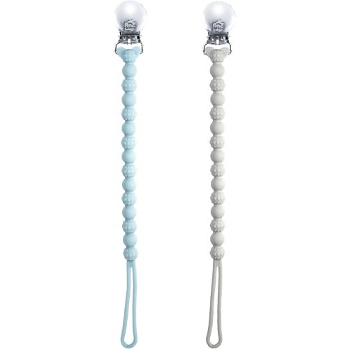 RaZbaby Silicone Pacifier Holder 2 Pack, RaZzies Durable Textured Lanyard Fits Most Pacis Toys, 100% Soft BPA-Free Silicone, Attachable Clasp, Universal Fit, Lightweight – Blue/Grey