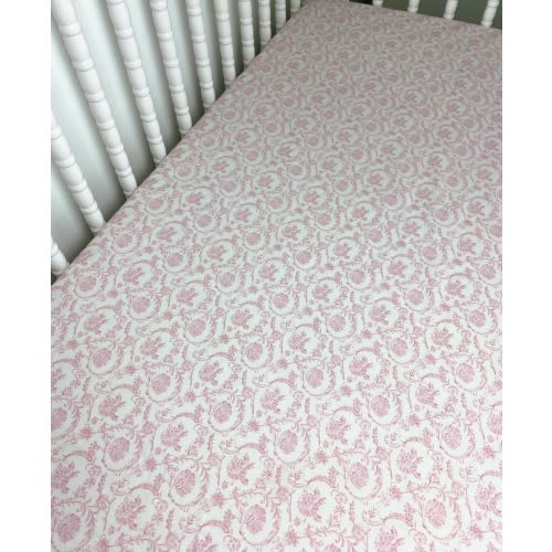 Fitted Crib Sheet Pink  and White Chinoiserie Cotton