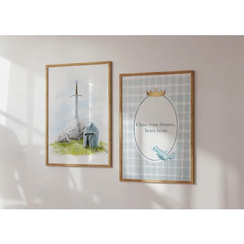 Conjunto de 2 arte de pared imprimible Excalibur / arte de pared inspirado en el rey Arturo / impresión de vivero de caballero valiente / decoración