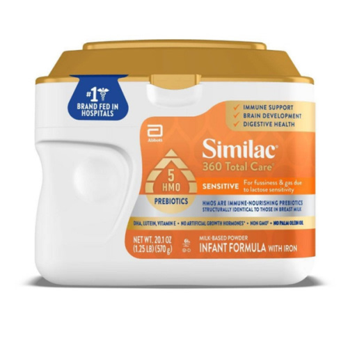 Similac 360 Total Care Sensitive Infant Formula for Fussiness & Gas Due to Lactose Sensitivity, Has 5 HMO Prebiotics, Baby Formula Powder, 20.1-oz Tub