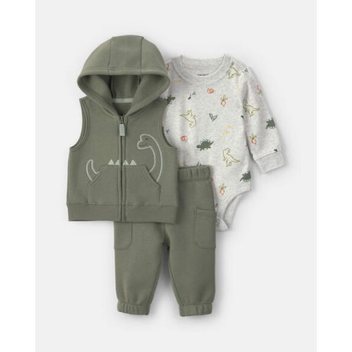 Baby Boy 3-Piece Dinosaur Fleece Long-Sleeve Hooded Layering Set - Green/Grey | Carter's