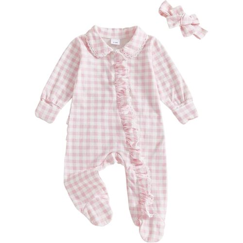 Seyurigaoka Newborn Baby Girl Ruffle Gingham Footless Romper