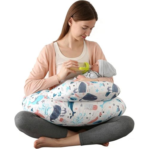 Nursing Pillow for Breastfeeding,Ergonomic Baby Feeding Pillows with Removable Washable Cotton Slipcover, Adjustable Waist Strap,Plus Size,More Support for Mom and Baby(Underwater World) 新品