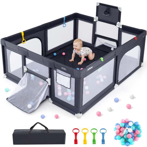 INFANS 74" x 62" Baby Playpen with Soft Mat, Basketball Hoop, 2 Soccer Goals, 4 Handles & 50 Ocean Balls, Breathable Mesh, Indoor & Outdoor Large Play Yard for Toddlers - Walmart.ca