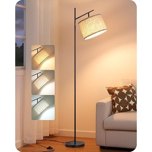 EDISHINE Modern Floor Lamps for Living Room, 64.7" Minimalist Standing Lamp with 3 Color Temperatures Bulb & Adjustable Linen Shade, Foot Pedal Switch, Arc Tall Lamp for Bedroom Office, Black