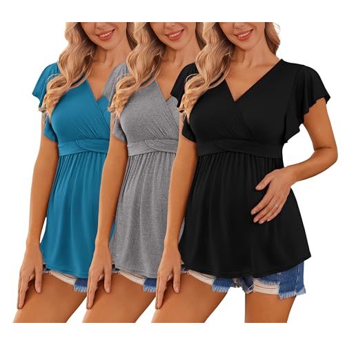 Ekouaer Maternity Shirts 3 Packs Flying Short Sleeve Nursing Tops Pregnancy Clothes