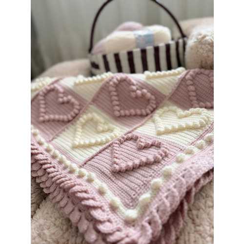 Handmade Crochet Baby Blanket: Pink & White Heart Pattern Anti-Pilling and Hypoallergenic