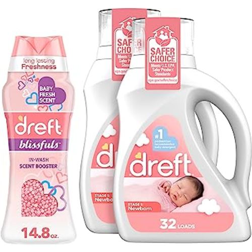 Dreft Newborn Baby Laundry Detergent, 64 Loads (2-Pack) + Dreft Baby Fresh Scent Booster Beads, 14.8 oz