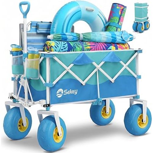 Sekey Heavy Duty Beach Wagon with 9" Big Sand-Proof Wheels – 600lb Capacity, 200L Oversized Foldable Cart | Adjustable Handle & All-Terrain Tires for Sand, Camping, Groceries