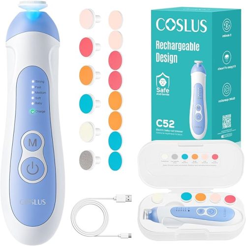 COSLUS C52 Baby Nail Trimmer Rechargeable: CPC Certified & Quiet Design - Gentle Baby Nail File for Trimming, Electric Baby Nail Kit with 5 Modes & 6 Grinding Heads for Infant toddler Kid, Baby Blue