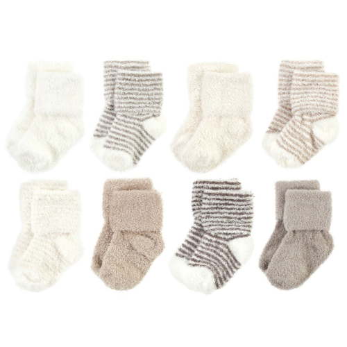 Hudson Baby Cozy Chenille Newborn and Terry Socks, Beige Stripe 8 Pack, 0-6 Months