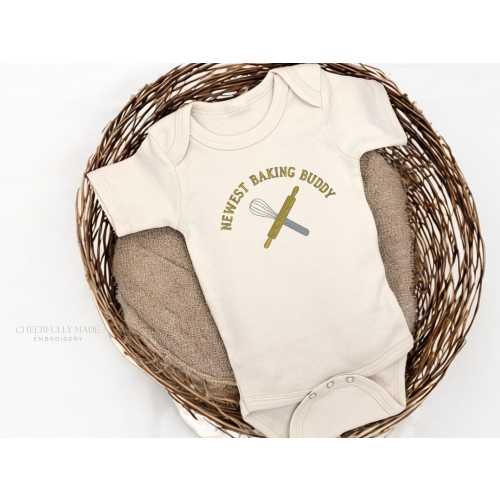 Embroidered Newest Baking Buddy Bodysuit, Baby Announcement to Grandma, Baby Gift for Baker, Baker Baby on the Way, Future Baker Coming Soon