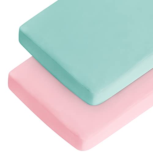 Crib Sheets Girl, 2 Pack Baby Crib Sheets for Standard Crib Mattress & Toddler Bed Mattress, Snug Fit Breathable Soft Fitted Crib Sheet, Blue & Pink