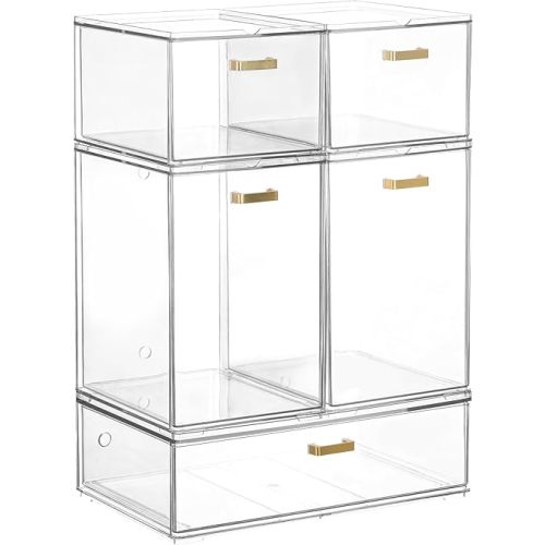 LALOBLUE Set of 5 Stackable Storage Drawers, Clear Acrylic Organizer Bins for Beauty Supplies, Perfect for Makeup Vanity, Undersink, Kitchen, Cabinet,Pantry Organization and Storage