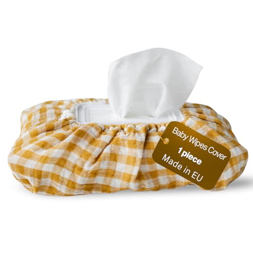 Baby Wipes Cover – Universal Size, One Size Fits All Wipes Packages | Muslin Cotton Tissue Cover for Nursery, Diaper Bag & Changing Table, Station | Gingham & Neutral Patterns (Mustard Yellow Gingham)