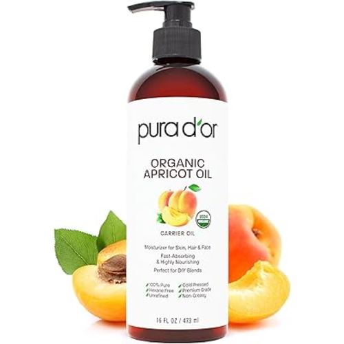 PURA D'OR 16 Oz ORGANIC Apricot Kernel Oil - 100% Pure & Natural USDA Certified Cold Pressed Carrier Oil - Antioxidant & Vitamin E Rich Moisturizer for Natural Glow & Softness - Face, Skin & Hair