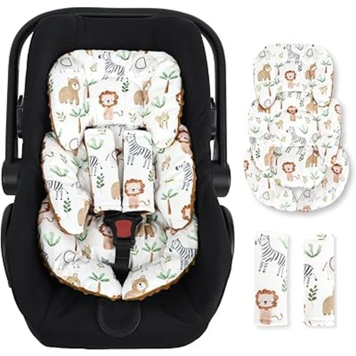 Infant Car Seat Insert Cushion, Baby Car Seat Head Body Support for Girls & Boys, Reversible Newborn Car Seat Insert with 2 Extra Strap Paddings, Premature Car Seat Cushion, Animal