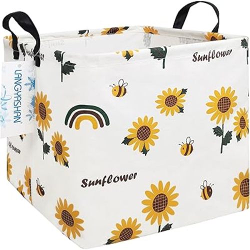 Square Storage Baskets Waterproof Canvas Children Laundry Nursery Hamper for Shelves Gift Baskets Toy Organizer Room Decor (Square Sunflower)