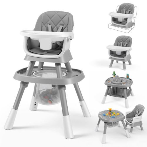 TODECARE 15-in-1 Convertiable High Chair for Babies and Toddlers, Highchair & Activity Center, Booster Seat w/5-Point Harness & Removable Tray, Gray