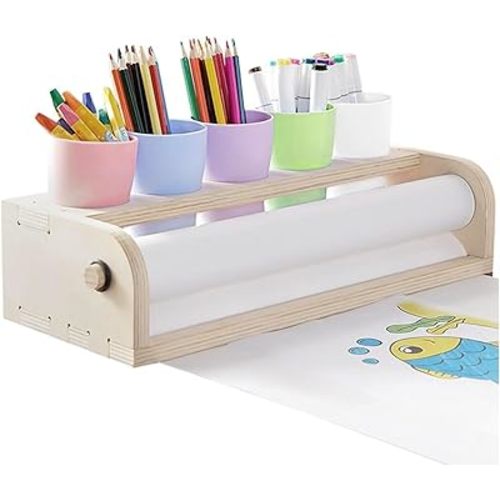 Tabletop Paper Roll Dispenser Kids Art Easel with Five Pencil Holder Cups and Paper Rolls (15" x 16.4ft) Desktop Easel for Drawing Wooden Paper Roll Dispenser Durable Paper Roll Holder
