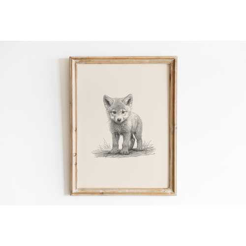 Baby wolf vintage print | Wolf vintage drawing | Animal nursery wall art | Farmhouse wall decor | Countryside print | Woodland wall art