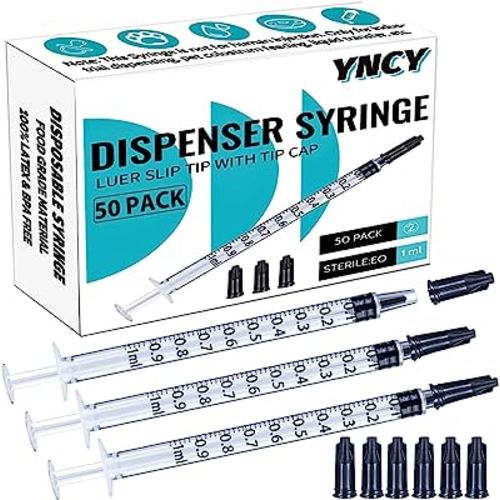 1ml Syringes with Cap, Luer Slip Tip, Sterile Sealed, No Needle (50 pcs, 1ML)