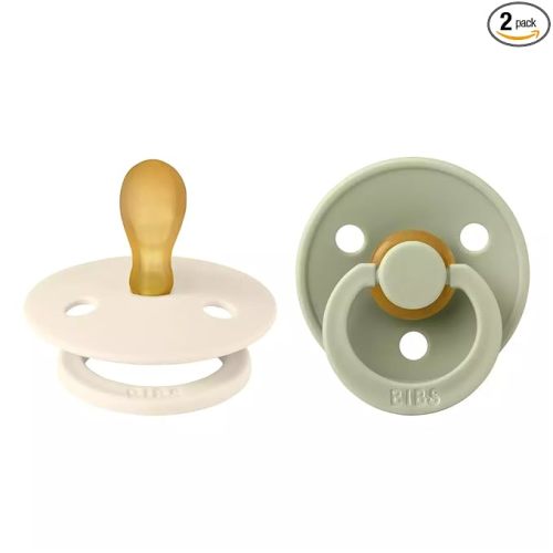 BIBS Pacifiers Colour Collection | Natural Rubber Baby Pacifier | Round Nipple | Set of 2 BPA-Free Soothers | Made in Denmark | 0+ Months (Pack of 2) | Sage/Ivory