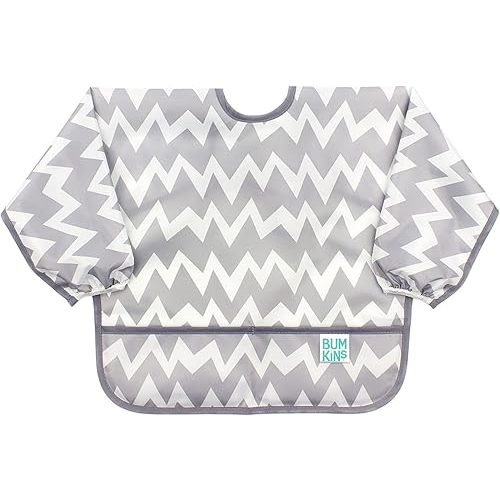 Bumkins Sleeved Bib / Baby Bib / Toddler Bib / Smock, Waterproof, Washable, Stain and Odor Resistant, 6-24 Months - Gray Chevron