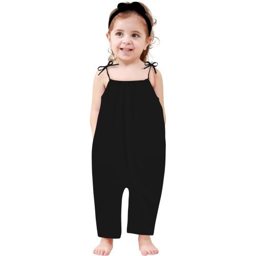 Toddler Baby Girls Romper Sleeveless Jumpsuit Summer Clothes Adjustable Tie-Up Strap with Pocket Headband 1-5T