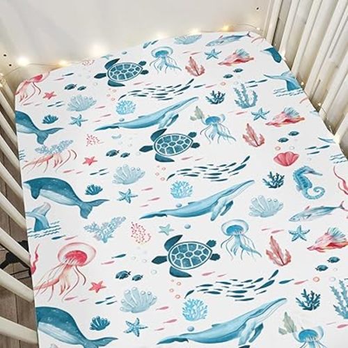 Cute Sea Animals Baby Crib Sheets for Boy Girl 52x28Inch Turtle Whale Jellyfish Sea Horse Corals Soft Snug Fitted Crib Mattress Covers Ocean Marine Nursery Baby Sheet for Crib & Toddler Mattress