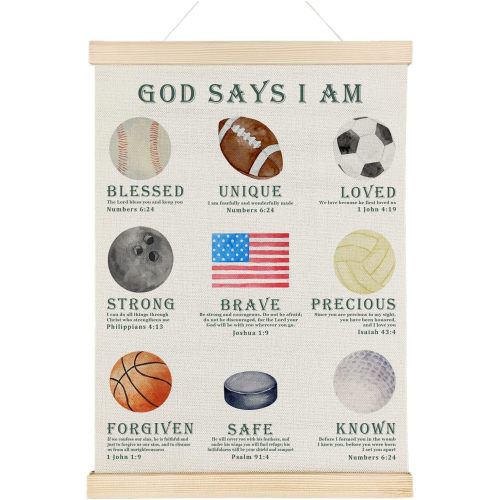 Nrleey Christian Sports Nursery Wall Art Poster Hanger, Sports Decor for Boys Bedroom, God Says I Am Bible Verse Scripture Posters Wall Decor for Boys Kids Room Playroom Home, 12x16 Inch