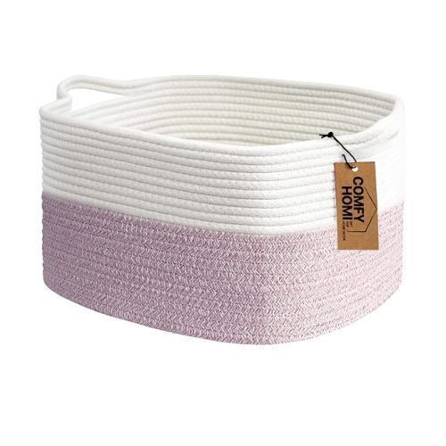 Cotton Rope Woven Medium Basket with Handles for shelf，Cloth Storage Basket for Organizing-13.5X11X9.5 Storage Bin for Bedroom, Newborn or Infant Gift for boy girl （White/Pink）