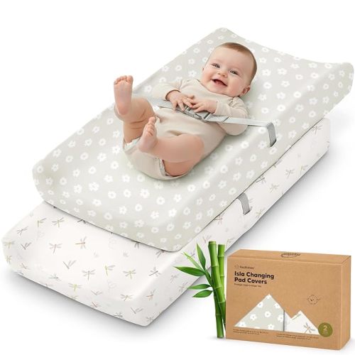 2-Pack Baby Changing Pad Cover for Girl, Boy - 34x18 Soft Viscose Derived from Bamboo Baby Diaper Changing Table Pad Cover Sheets, Neutral, Snug Fit Nursery Diaper Change Sheets (Meadow)