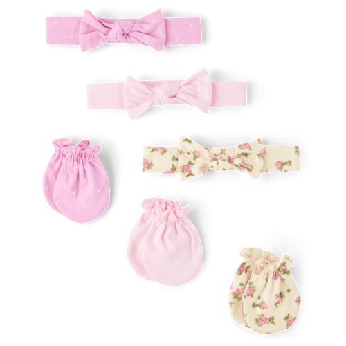Baby Girls Floral Headwrap And Mittens 6-Pack - Pink