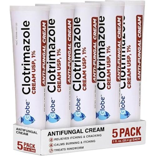 Globe Clotrimazole Antifungal Cream 1% USP (1 oz), Anti Fungal Treatment, Relieves Itching, Burning, Cracking and Scaling Associated Athletes Foot, Jock Itch, Ringworm and More (Pack of 5)