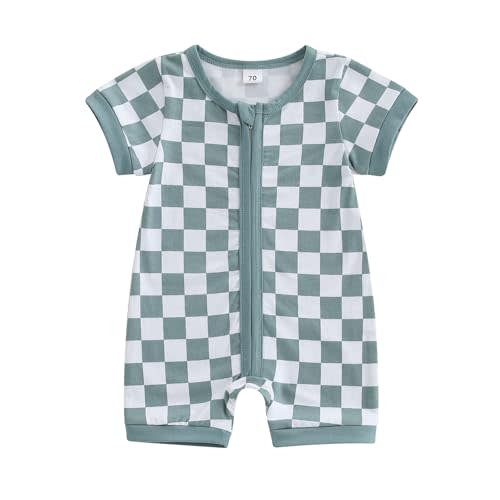 KtwHarnu Newborn Baby Boy Girl Clothes Checkered Plaid Short Sleeve Zipper Romper Jumpsuit One Piece Bodysuit Summer Outfit