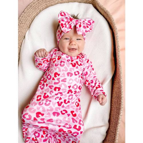 Baby gown, ruffle gown, knotted gown, going home outfit, baby shower gift, newborn gown, baby girl leopard outfit, leopard baby, baby shower