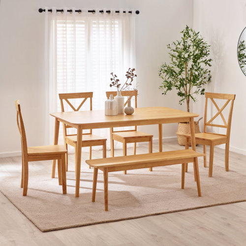 East Urban Home Drea Wooden Dining Table Set With 4 Soild Wood Dining Chairs & Bench - Traditional Farmhouse Style & Reviews | Wayfair