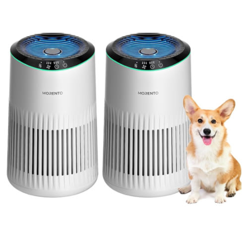 Air Purifiers for Bedroom Home with Sleep Mode for Smoke Pet Dander Odors, Small Air Purifier with Fragrance Sponge, Blue Ambient Light, 23dB Quiet, 2 Pack White