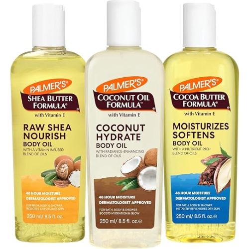 Palmer's Body Oil Variety Pack, Cocoa Butter, Coconut, and Shea, Dermatologist Approved, Instant Absorption, Bath, Body & Shower, 3 Pack (8.5 oz x 3)
