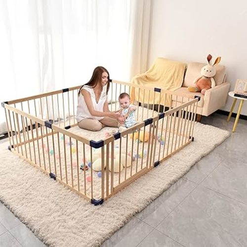 Wood Baby Playpen,Wooden Kids Play Fence with Door,Safe Zone Playard, Baby Safety Blue Play Center Yard, Large Play Pen Play Area Indoor Kids Safety Activity Center Playard w/Locking Gate,Without Mat