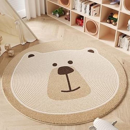 Poowe Round Kids Play Mat Baby Nursery Rug Round Educational Alphabet Soft Area Rug Non Slip for Children Toddlers Bedroom (Round 31.5", Brown Bear)