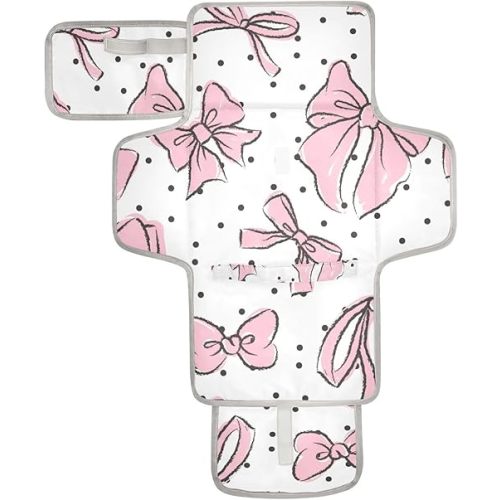Pink Bow Portable Diaper Changing Pad - Waterproof Foldable Baby Diaper Changing Pad with Built-in Pillow, Travel Diaper Changing Mat for Newborn Baby