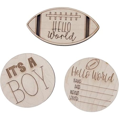 Wooden Baby Announcement Discs – Hello World & Birth Stats – It’s a Boy/Girl – Newborn Photo Prop & Baby Shower Gift