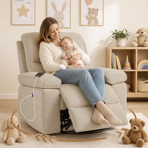 Nursery Rocking Chair Glider with USB & Type-C Charging, Oversized 270° Swivel Recliner Chair for Breastfeeding, Baby Room Nursing Chair with Wide Foot Rest, Living Room Chair, Linen